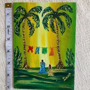 Small acrylic painting "Wash Day" 5" by 7" on canvas board Tahiti Seventies 70's